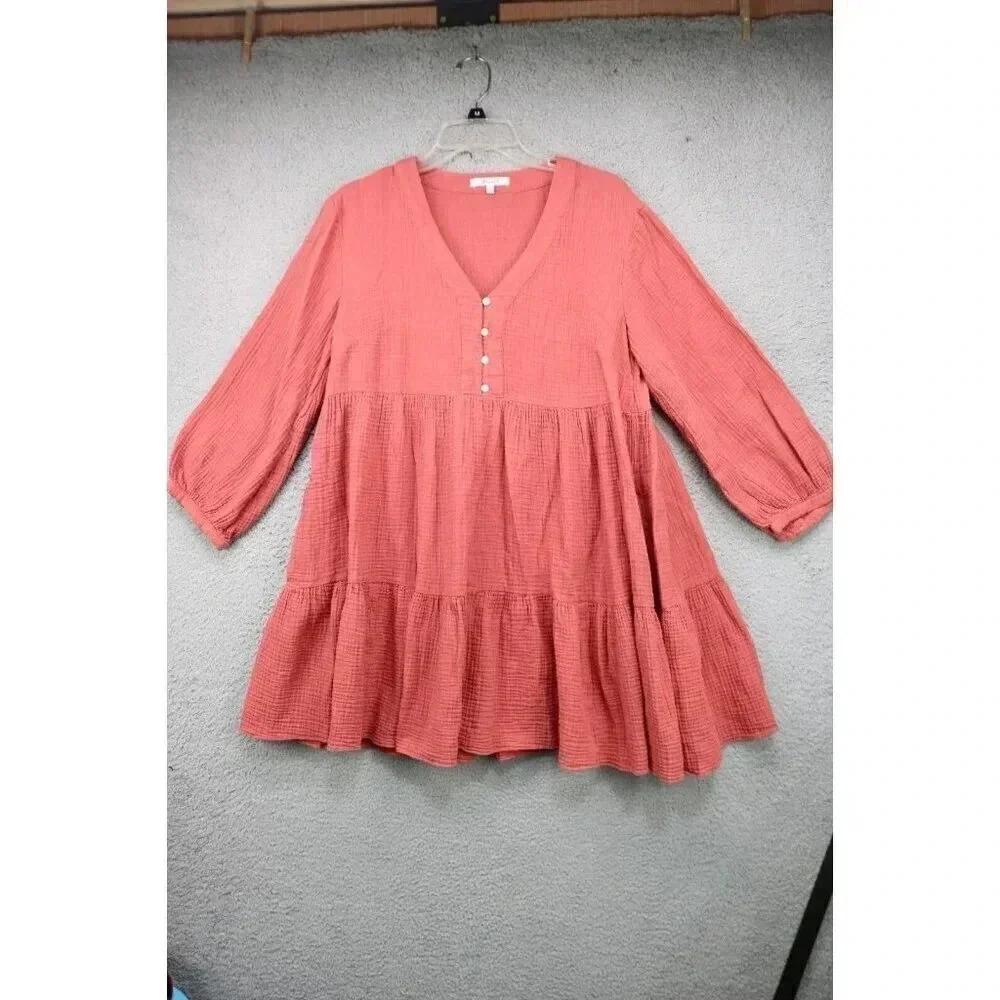Madewell Tiered Lightspun Orange Clay Peasant Dress-V-Neck-Size 8